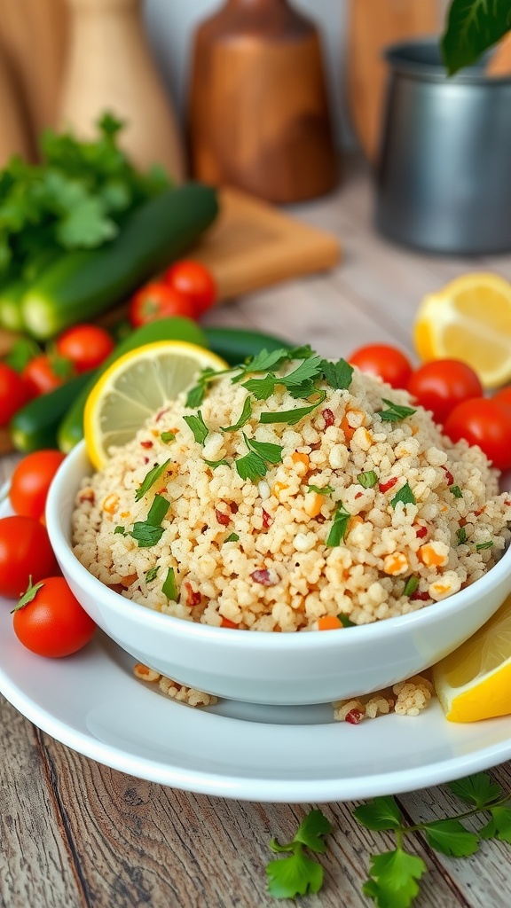 A bowl of cooked quinoa garnished with herbs and vegetables on a wooden kitchen table.